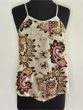 Idyll wind Women’s Ivory Beaded Paisley Floral Cami with Gold and Black Accents